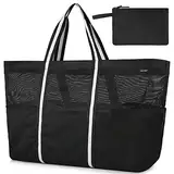 GAGAKU Strandtasche XXXL Familie Badetasche Extra Groß Strandtasche mit Reißverschluss Strandtasche Mesh Damen Beach Bag für Strand Reisen - Grün