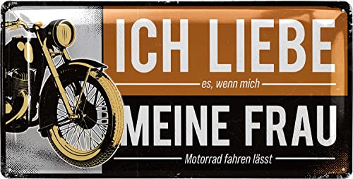 LANOLU retro Blechschild - ICH LIEBE MEINE FRAU - Motorrad Geschenke für Männer, Motorrad Deko Werkstatt, Geschenkidee für Motorradfahrer 17x34 cm
