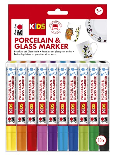 Marabu 0125000000084 - Porcelain & Glas Painter Kids, Set Mega Fun mit 10 Farben, Porzellan- und Glasmalstift für Kinder, kinderleichtes Malen, spülmaschinenfest nach Einbrennen, Spitze 1 - 3 mm