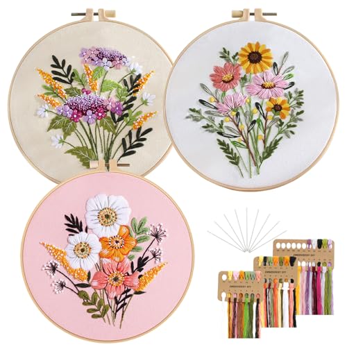 UPUPGO Stickset für Anfänger, Stickerei Kits Blumenmuster Pflanzen Erwachsene Sticken Set Kreuzstich Kit 3 Kreuzstichmuster Kreuzstich Set für DIY Kunst, Handwerk