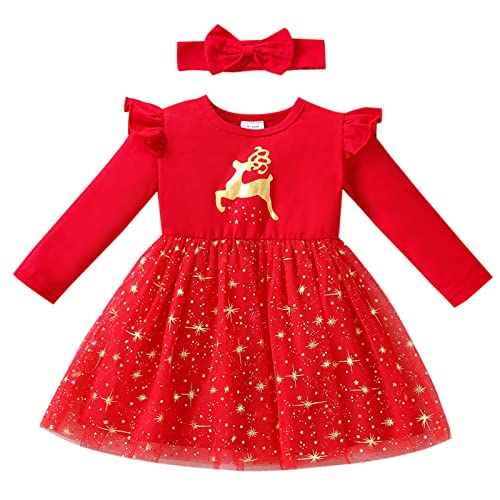 Geagodelia Baby Mädchen Weihnachten Kleid Outfit Prinzessin Weihnachtskleid Weihnachtsoutfit Langarm Babykleidung Neugeborene Weiche Kleidung My First Christmas (Rot 22 - Elch, 2-3 Jahre)