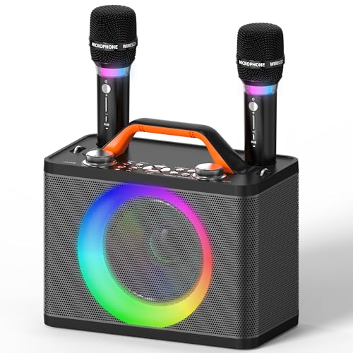 Karaoke Maschine mit 2 Kabellosen RGB-Mikrofonen – 5200 mAh Karaoke mit 10 RGB-Modi, unabhängiges Bedienfeld, 13-Stunden-Wiedergabe, Hi-Fi-Sound, Karaoke unterstützt AUX/USB/TF-Karte/USB/Coax