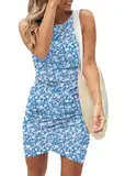 Cuptacc Kleid Damen Elegant Bleistiftkleid Rundhals Ärmellos Party Outfit Kleider Kurz Blaue Blumen, Mittel M 38-40
