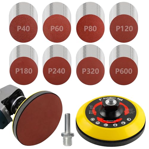 120 Stück Schleifscheiben-Set, 125mm Klett für Winkelschleifer Körnung 40/60/80/120/180/240/320/600 Schleifscheiben Pad Kit Schleifpapier mit M14 Schleifteller Schaft Polierpad Adapter Puffer Pads