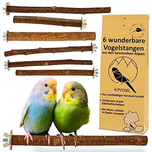 6 Natur Sitzstangen: für Wellensittich, Kanarienvogel, Nymphensittich... VERBESSERT: Edelstahl Scheiben & plastikfrei verpackt! DAS ORIGINAL: gewachsen, von Hand geschnitten in den heimischen Alpen!