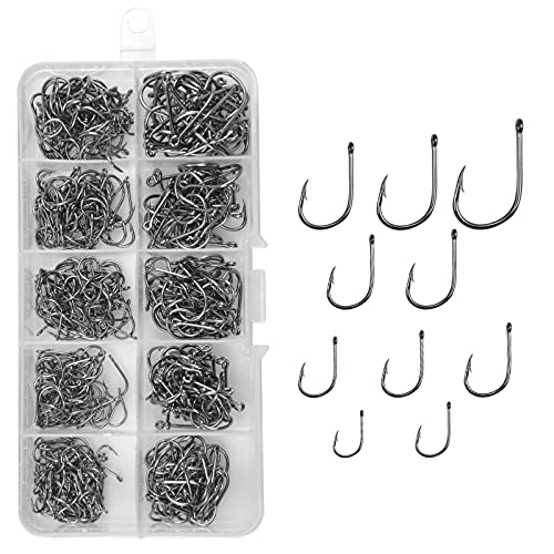 500 Stück Angeln Haken, 10 Größen Reaktionsschnell Angelhaken, Öse Angelhaken Set mit Aufbewahrungsbox, Überlegene Schärfe Angelzubehör Set, Angelhaken mit Öse für Salzwasser und Süßwasser, 3#-12#