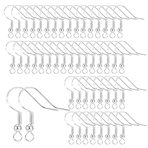 925 Silber Ohrring Haken,Hypoallergene Ohrhaken,Ohrringe Zubehör mit Perlen und Spule,DIY Ohrhänger Schmuckherstellun(Silber,50 Stück)