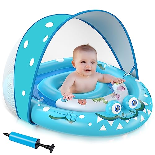 URMYWO Schwimmring baby,schwimmhilfe baby mit abnehmbares Sonnendach UPF50+ & Verstellbarer Sicherheitssitz Schwimmring kleinkind für 6-36 Monate(blau)