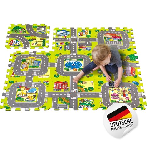 Home Kids World Puzzlematte Straße 90x90 cm - Rutschfester Spielteppich Kinder Autoteppich Kinder - Indoor & Outdoor Spielteppich Straße - Abwischbare Puzzlematte für Kinder