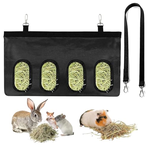 TogtherKings Kaninchen Heutasche,Heu-Futterbeutel,Kleintiere Heutasche, Futterstation für Hase Chinchilla Hamster Kleine Tiere (4 Fenster, Schwarz)