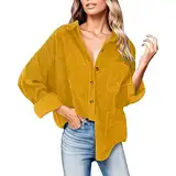 Frauen Bluse Hemd Shirt Top Langärmel Damen-Cordhemd mit Knopfleiste, übergroße Blusen, Oberteile, Lange Ärmel, lässige warme Jacke mit Taschen Frauen Hemdn Shirt Oberteile Lässig (Yellow, M)