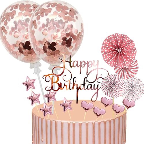 17 Stück Tortendeko Geburstagstorte, Happy Birthday Kuchendeko, Glitter Cake Topper, Rose Gold, Cupcake Topper mit Sternen Liebe Konfetti-Luftballons und Papierfächer