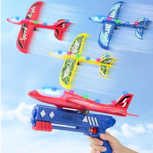 Sugar Kee Flugzeug Spielzeug,Wurfgleiter Styroporflieger Katapult Pistole Kinderspielzeug,styropor Flugzeug Geschenk für Jungen 3-10 Jahre