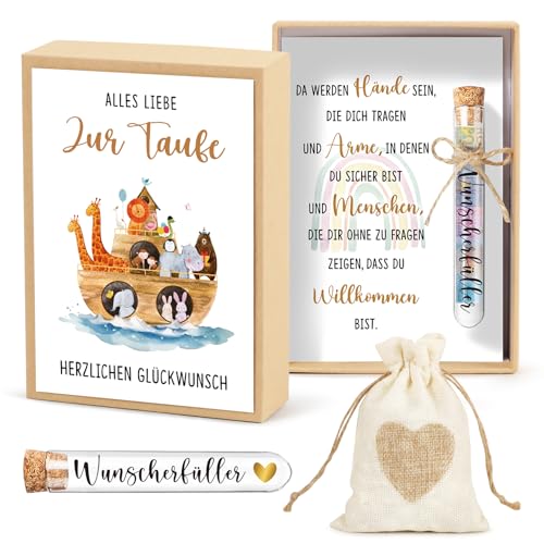 BOFUNX Geldgeschenke zur Taufe Inklusive Alles Liebe zur Taufe Karte Geschenkbox Kunststoff Reagenzglas Jutesäckchen Taufgeschenk Geld Gutschein Verpackung für Jungen Mädchen