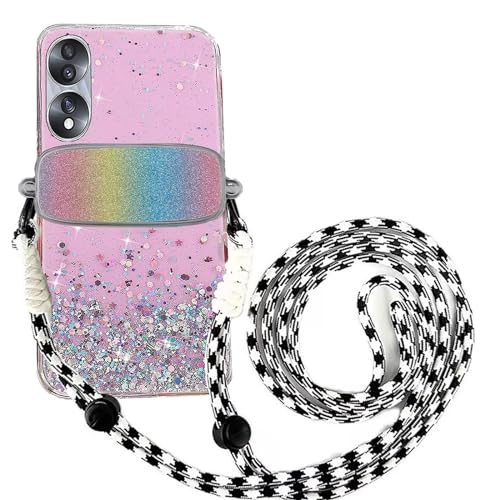 Tivenfezk Nadoli für Oppo A97 5G Glitzer Handykette Hülle,Silikon Bling Durchsichtig Crossbody Tasche zum Umhängen Schutzhülle mit Telefon Clip Halter Band