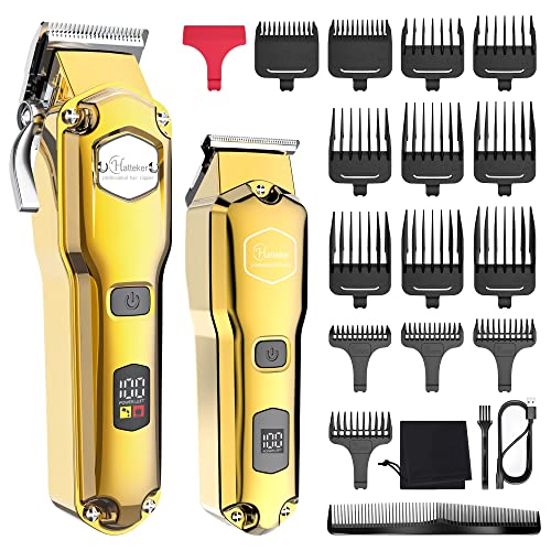 Hatteker Haarschneidemaschine & Haartrimmer Kit für Herren Bartschneider Barttrimmer IPX7 Wasserdichte Haarschneider T-Klinge Haarsneider Professioneller USB Wiederaufladbar (Gold)