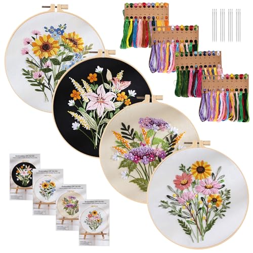 BYZESTY Stickset Embroidery Kit, 4 Stück Stickerei Set Anfänger, Sticken Set Erwachsene, Stick Sets zum Sticken Anfänger Stickbilder Vorgedruckt Kreuzstich mit Blumenmuster für DIY Kunst, Handwerk
