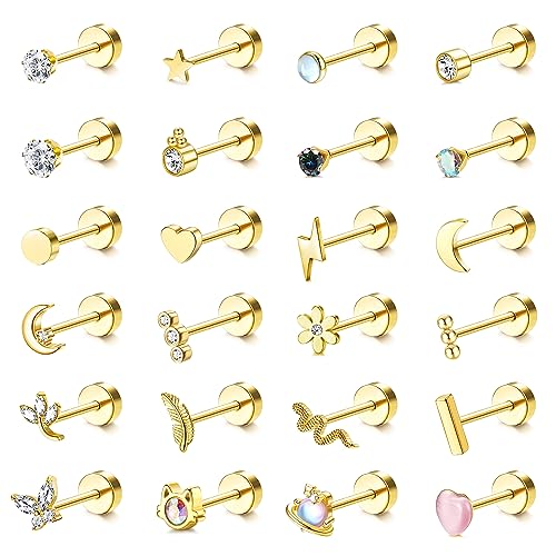 Adramata 24er Set Ohrringe Stecker für Damen - Helix, Tragus & Knorpel Piercings - Schmetterling & Blume Design - Edelstahl & Gold/Silber Ohrstecker