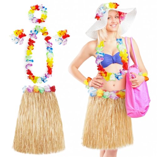 Aomig Hawaii Mottoparty Kostüme Set Rock, Hawaiian Gras Hula Rock Sets, 60cm Lange Hawaiianischer Grasrock mit Halskette Armbänder Haarblume Grasröcke für Cheerleading Strand Party Ostern(Strohfarbe)