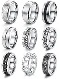 JeweBella 9 Stück Ringe Herren Edelstahl Ringe Silber Poliert Keltischer Knoten Vintage Biker Ringe Schwarz Kette Ringe Wikinger Gothic Ringe Set Verlobung Freundschaftsringe für Herren Männer