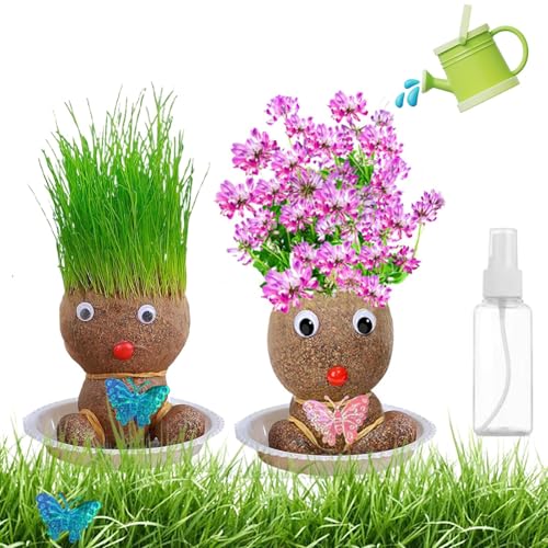 2 Stück Graskopf, Schön Graskopf Kinder 2 Stile Blumentopf Kopf Mit Einer Kleinen Sprühflasche Rasenpuppen Mit Tablett Graskopfpuppe (Grünes Gras Und Blumen)