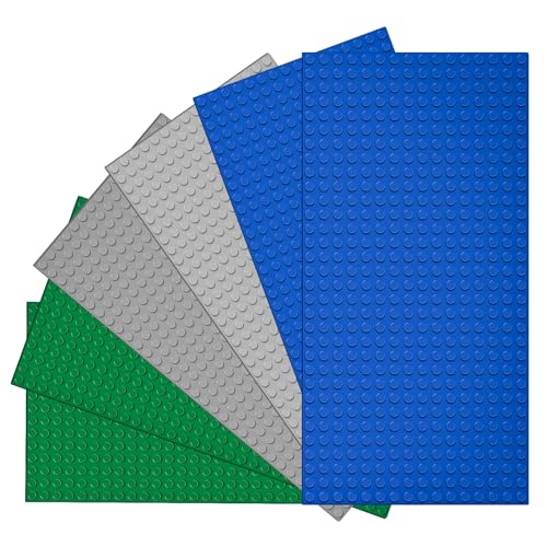6 Platten-Set Bausteine Grundplatten, Classic Grundplatte 12,9 * 25,6 cm mit 16 × 32 Noppen, Kompatibel mit Meisten Marken, Kompatibel mit Bauplatte Lego Classic,Rechteckige Grundplatte,Grau,Grün,Blau