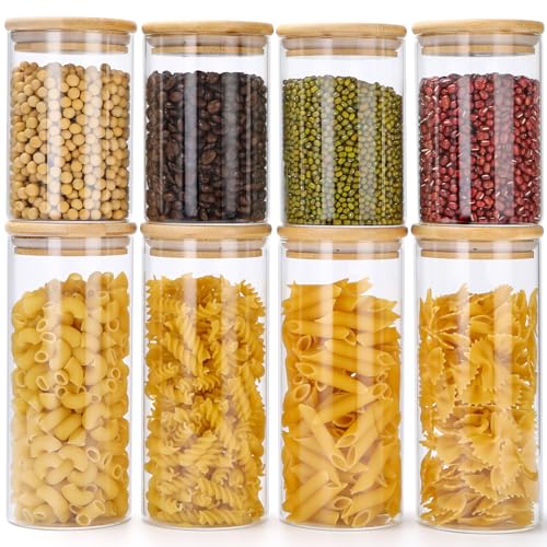 Lannvan Vorratsgläser mit Deckel, 8er Set Vorratsdosen Glas Aufbewahrungsgläser Luftdicht, Vorratsglas mit Holzdeckel für Pasta, Cornflakes, Müsli, Bohnen Aufbewahrung - 4x 900ml + 4x 500ml
