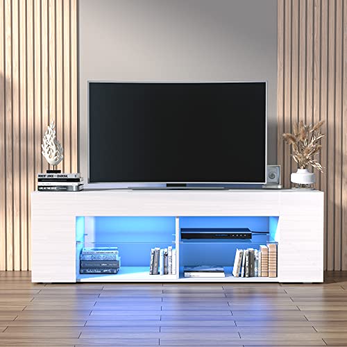 Cozy Castle TV Schrank Hochglanz für Fernseher bis zu 65 Zoll, TV Lowboard mit LED-Leuchten und Glasregal, 145x50x40cm, Weiß