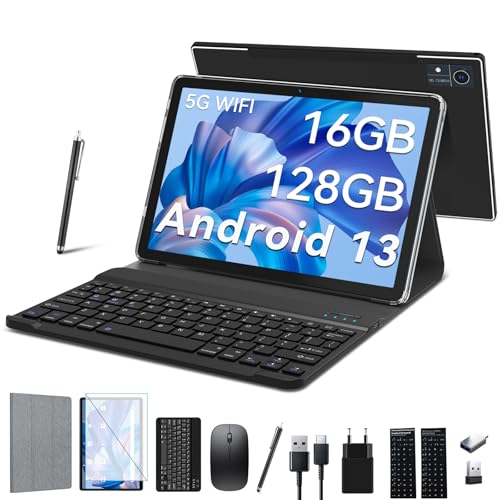 2024 Neueste Tablet 10 Zoll,5G Wifi Android 13 Tablet Mit 16GB RAM+128GB ROM(1TB TF),2-in-1 Tablet Mit Tastatur Maus Stift-Octa-Core2.0Ghz | 7000mAh | 1080FHD | 13MP Kamera |WLAN GPS OTG Typ-c-Schwarz