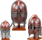 Wikinger-Helm Kettenmail, Mittelalterlicher Templer, Kreuzritterhelm, Kupfer, Antik-Finish, mit Holzständer