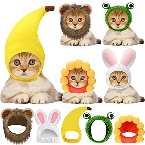 5 Stück Katze Hut Kostüme Süße Löwenkostüm für Katzen Hase Kaninchen Hut mit Ohren Lustige Löwenmähne Frosch Sonnenblumen Banane Mützen für Katzen Kleine Welpen Halloween Party, 5 Stile