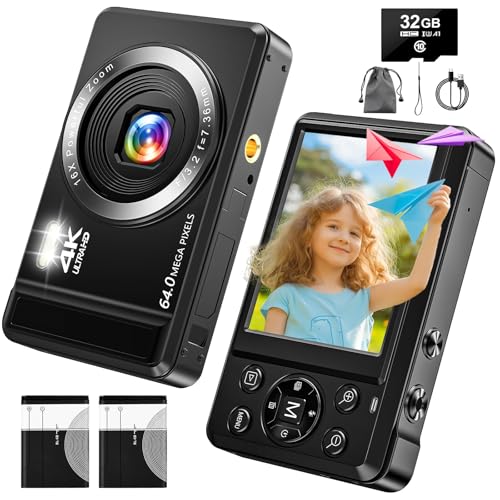 Digitalkamera 4K mit 32G SD-Karte 64MP Autofokus Fotoapparat Digitalkamera mit Zwei 1200 mAh Akkus 16X Digitalzoom Tragbar Kompaktkamera für Kinder Teenager Anfänger Erwachsene