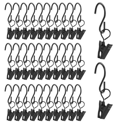 30 Stück Vorhang Clips mit S Haken Gardinenklammern, Metall Hängende Vorhang Clips für Aufhängen von Vorhängen, Duschvorhang, Fotos, Papier Bürobedarf, Home oder Festival Dekoration (Schwarz)