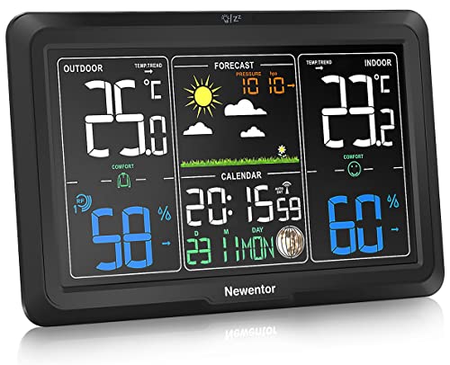 Newentor Wetterstation Funk mit Außensensor - Lebenslange Außensensor-Garantee - Lebendiges VA-Display für 330°Ablesbarkeit - Dauerhafte Beleuchtung, Schwarz