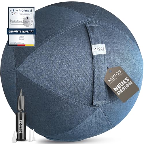 MEGGS® Stoff-Sitzball 65cm, Ergonomisch Sitzen im Büro & Zuhause, [Wegrollschutz & Platz-Sicher], Pezziball, Yoga-Ball, Gymnastikball für Schwangerschaft, Waschbarer Stoffbezug, Farbe: Blau