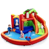COSTWAY Hüpfburg mit Rutsche, Kletterwand, Planschbecken, Wasserkanone & Basketballring, Wasserpark zur Nass- & Trockenanwendung, inklusive Reparaturset, Tragetasche, 370 x 300 x 190 cm, Rot