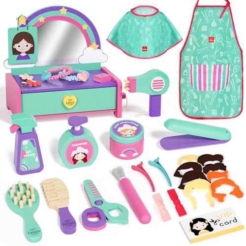 Lehoo Castle 32PCS Kinder Friseur Set für Mädchen, mit Frisiertisch, Barber Umhang, Apron, Fön, Haar Zubehör, Spiegel, Mädchen Rollenspiel, Frisierkoffer Spielzeug für 3 4 5 Jahre Geschenk