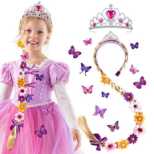 Vamei Rapunzel Perücke Kinder Haarreif Prinzessin Zopf Rapunzel Stirnband mit Kaiserkrone Schmetterling Pin Badge Prinzessin Cosplay Perücke Zubehör für Kinder Mädchen Halloween Karneval Maskerade