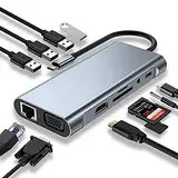 USB C HUB, Docking Station, 11-in-1 USB C Adapter mit 4K-HDMI, VGA, USB 3.0 Port, Type C PD, Ethernet RJ45 Port, SD/TF-Kartenles, 3.5mm AUX, Kompatibel für MacBook Pro/Air, More Type C Geräte
