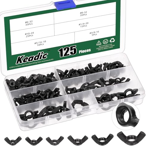 Keadic 125Pcs SAE Flügelmuttern Sortiment Kit, 3/8" 5/16" 1/4" #10#8#6 Stahl Verzinkt Flügelmuttern Verschlüsse, Hand Twist Tighten Ohr Flügelmuttern Schmetterlingsmutter Haus Bauindustrie