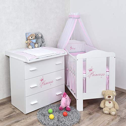 Baby Delux Babyzimmer Komplettzimmer Set Babybett Komplett Set Kommode weiß Bettset Princess