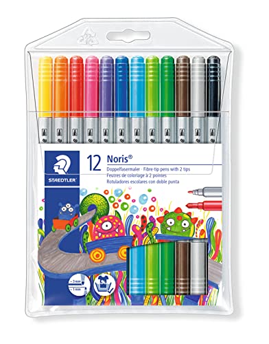 STAEDTLER Doppelfasermaler Noris Club, stabile, eindrucksichere Spitze, auswaschbar, Strichbreite 1-3 mm, Etui mit 12 farblich sortierten Doppelfasermalern, 320 NWP12, 12 Stück (1er Pack)