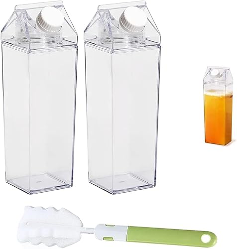 2 Durchsichtige Milchkartons, 1 Schwammbecherbürste, Milchkarton-Wasserflasche, 500ml transparente Plastikflasche,Kann wiederverwendet werden,Milch-, Wasser-, Saftbehälterflasche für Reiseaktivitäten