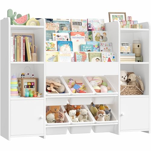 FOREHILL Kinderregal mit Kinderbücherregal Kinderzimmer Möbel aus Holz Bücherregal für Kinder mit Aufbewahrungsbox Kinderschrank mit Spielzeugkiste Kinderregal mit 6 Boxen 119 x 29,5 x 94 cm weiß