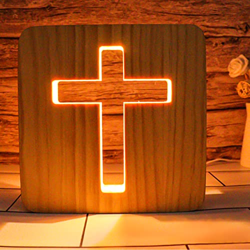 Jesus Kreuz Nachtlicht, 3D Jesus Kreuz Religiöses Mini Nachtlicht, 3D Holzschnitzerei LED Nachtleuchte, USB-betriebener Warmweiß Licht, Kleine Tischlampe für Zimmer, Heimdekoration,Ostergeschenke