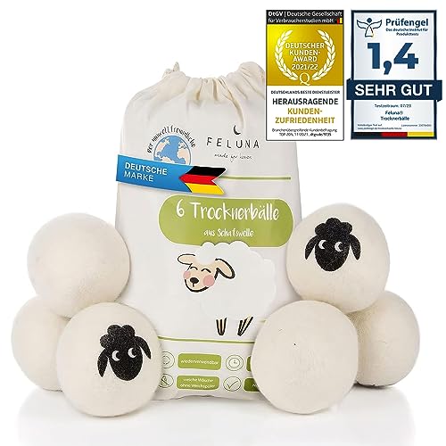 Feluna® Öko Trocknerbälle XXL 6er Set 100% Schafswolle für Wäschetrockner - Natürlicher Weichspüler Waschbälle für Daunenen, Baumwolle und vieles mehr