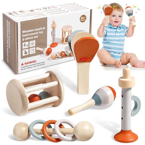 Musikinstrumente für Kinder, 5-Teiliges Montessori Musikinstrumente für Babys, Baby Musikspielzeug, Percussion Set Mit Maracas, Trompete, Kastagnetten, Geburtstagsgeschenk für Kinder von 1-3 Jahren