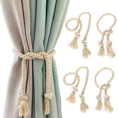 4 Stück Vorhangseil Raffhalter, Raffhalter Vorhang Seil Curtain Rope Buckle Handgemachte Vorhang, Vorhanghalter Vorhang-Raffhalter, Baumwolle, Handgewebt, Raffhalter, Vorhangbänder für Vorhänge(Beige)