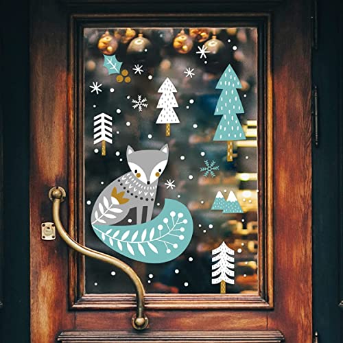 WandSticker4U®- wiederverwendbar Fensterbilder Weihnachten Kinder FUCHS IM WINTERWALD selbstklebend I Weihnachtsdeko Fenster Aufkleber Fenstersticker Winter Schneeflocken weiß