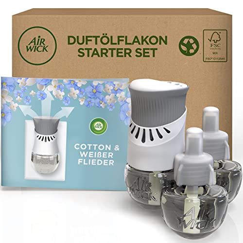 Air Wick Duftölflakon – Duftstecker Starter Set mit 3 Duftflakons – Raumduft & Lufterfrischer – Cotton und Weißer Flieder – Blumiger Duft für die Steckdose – 1x Gerät und 3x Nachfüller